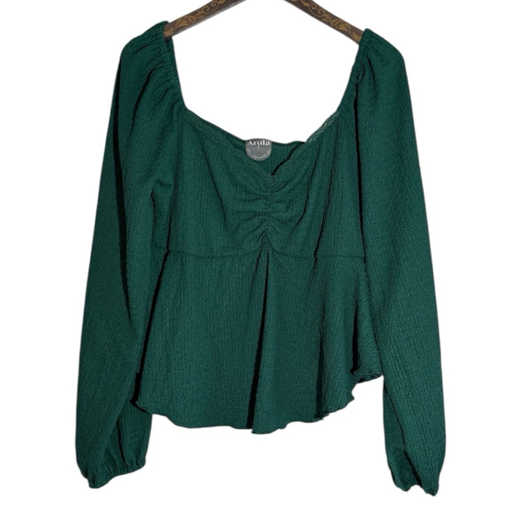 Arula‎ Green Textured Peplum Long Sleeve Blouse